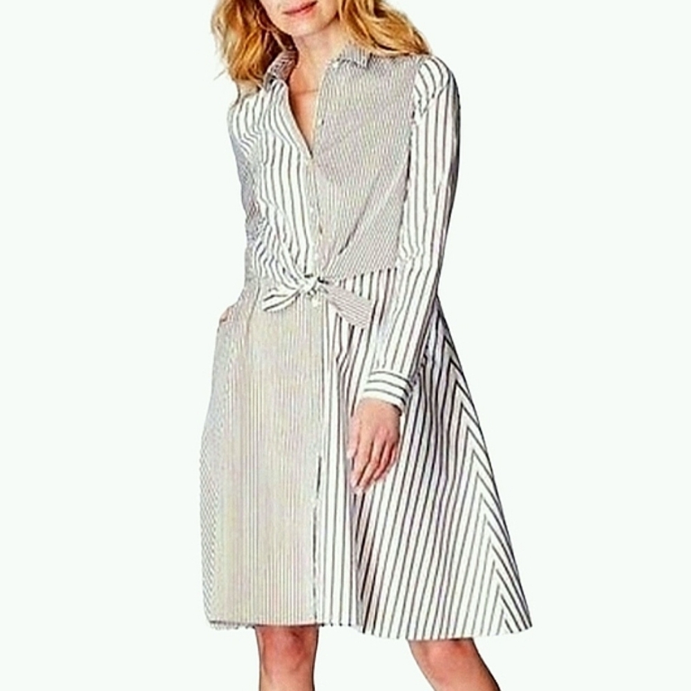 J. Jill Tie Front Button Down Shirt Dress Sz Med Cocoa Brown Stripe On White
